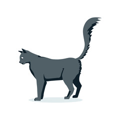 Side view of gray cat pet. Cute domestic animal with fluffy tail cartoon vector illustration isolated on white background