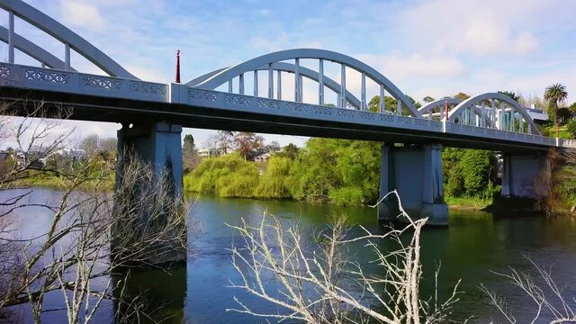 Drone footage of the Fairfield Bridge over the Waikato River in Hamilton, Waikato, New Zealand