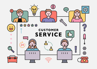 Customer service center staff and customer network. flat design style minimal vector illustration.