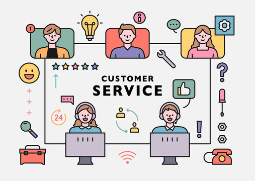 Customer service center staff and customer network. flat design style minimal vector illustration.