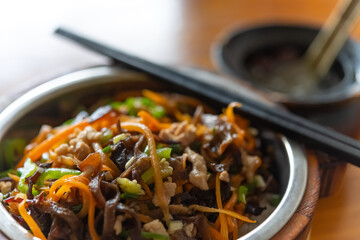 side view fast food slices of pork and fungus and carrots with rice and soup © Freer