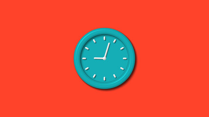 Cyan color 12 hours 3d wall clock isolated on red background,clock icon