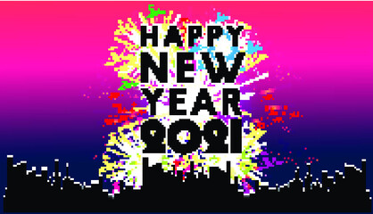 Happy new year  2021 text  black - Fireworks Golden - Building In The City- vector illustration. 
