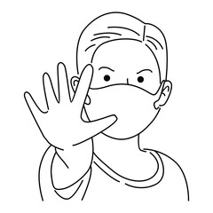 Vector illustration of boy wearing mask and showing his clean hand as sign to stop virus. Isolated on white background