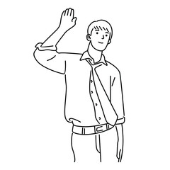 Businessman greeting someone with his hand raised up. Isolated on white background