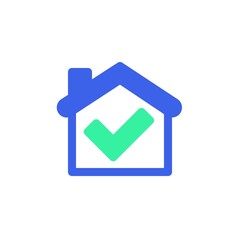 Home check mark icon vector, filled flat sign, home rent approval bicolor pictogram, green and blue colors. Symbol, logo illustration