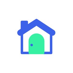 Home with door and chimney icon vector, filled flat sign, bicolor pictogram, House green and blue colors. Symbol, logo illustration