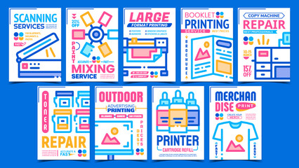 Polygraphy Service Advertising Posters Set Vector. Scanning And Paint Mixing Service, Booklet And Merchandise Printing Creative Promotional Banners. Concept Template Style Color Illustrations