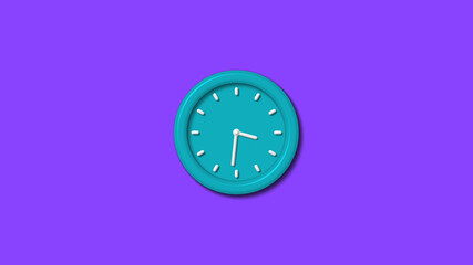 Cyan color 12 hours 3d wall clock isolated on purple background,counting down clock isolated