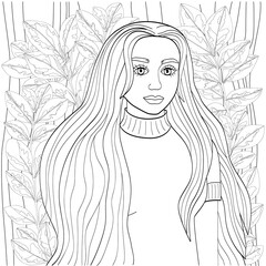 Beautiful girl with long hair surrounded by unusual foliage. Cute vector illustration for coloring pages. Black outline on a white background, sketch, line art.