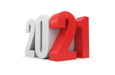Red and white inscription 2021 isolated on white background. Happy New Year 2021. Illustration for advertising. 3D rendering.