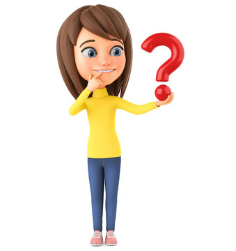 Cheerful smiling cartoon character girl holding a question mark on a white background. 3d render illustration for advertising.