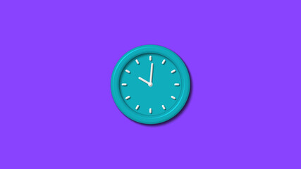 New cyan color 12 hours 3d wall clocki solated on purple background,clock isolated
