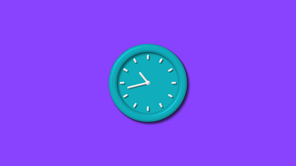 New cyan color 12 hours 3d wall clocki solated on purple background,clock isolated