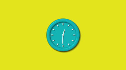 Cyan color 12 hours 3d wall clock isolated on yellow background