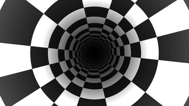 Slowly Spinning Black and White Tunnel of Checks Checkerboard Pipe