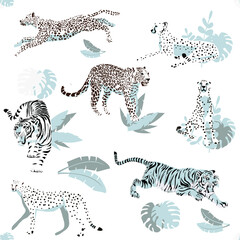 Vector seamless pattern with predatory wild cats, tigers, leopards, cheetahs. For the design of postcards, fabrics and other