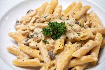 Homemade delicious pasta macaroni with white mushrooms chicken meet mushrooms in creamy cheese sauce in the white plate on the dark brown wood table. Parsley, spicy. Yellow, green.