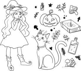 Vector line art of young witch set (including witch in a hat, cat, pumpkin, book, plants, mushrooms, potion and other elements)