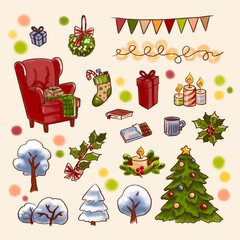 Christmas set illustration includes: Christmas tree, gift box, garland, cozy armchair with blanket and cat, confetti, colourful banner, sweets, tea/coffee cup, holly decoration, snow-covered trees