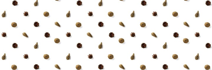 Pine cone Christmas background on white. Pine branches and cones. minimal creative cone arrangement pattern. flat lay, Modern christmas Background.