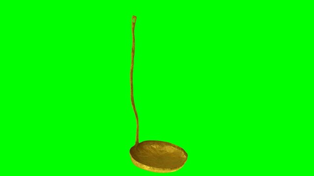 Animated spinning hand made gold round shallow kitchen stew ladle. Isolated and loop able on green background.