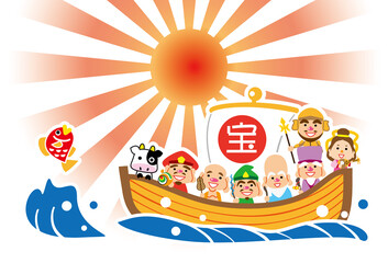 丑年　ご来光　七福神の宝船　テンプレート