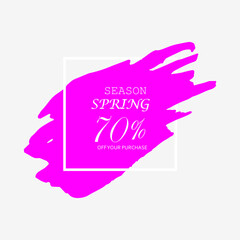 Sale 70% off spring season sign in pink brush over white frame acrylic stroke paint abstract texture background vector illustration. Acrylic grunge ink paint brush stroke. Offer layout design for shop