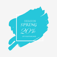 20% off spring season sign in turquoise brush over white frame acrylic stroke paint abstract texture background vector illustration. Acrylic grunge ink paint brush stroke. Offer layout design for shop