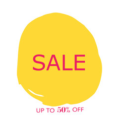 Sale 50% off sign over art yellow brush acrylic stroke paint abstract texture background vector illustration. Acrylic paint brush stroke.Grunge ink brush stroke. Sale layout design for shop and banner