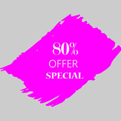 80% special offer sign over art pink brush acrylic stroke paint abstract texture background vector illustration. Acrylic paint brush stroke. Grunge ink brush stroke. Offer layout design for shop.