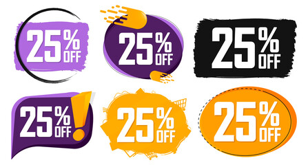 Set Sale 25% off banners, discount tags design template, lowest price, vector illustration