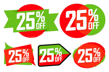Set Sale 25% off banners, discount tags design template, lowest price, vector illustration