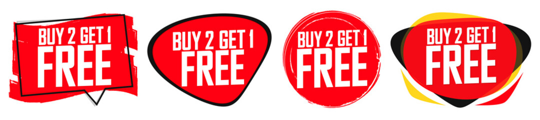 Buy 2 Get 1 Free, Set Sale banners design template, discount tags collection, great offer, vector illustration