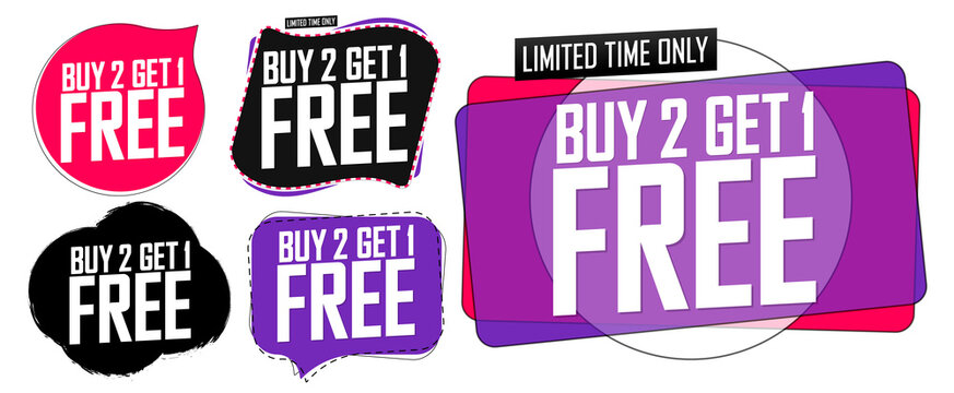 Buy 2 Get 1 Free, Set Sale banners design template, discount tags collection, great offer, vector illustration