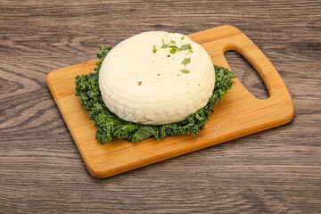 Caucasian suluguni round cheese piece