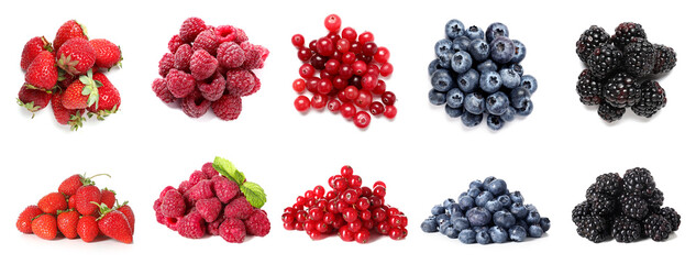 Collage of different tasty berries on white background © Pixel-Shot