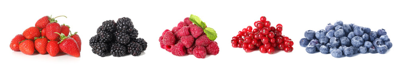 Set of different tasty berries on white background