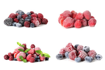 Set of different frozen berries on white background