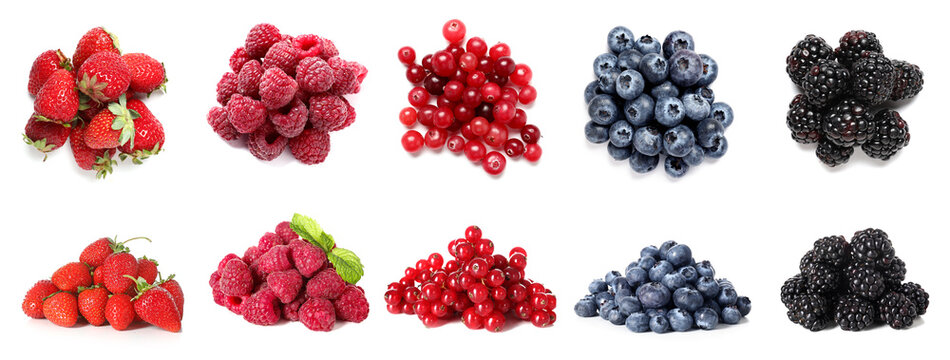 Collage of different tasty berries on white background