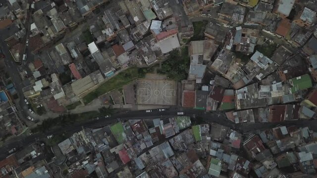 Top Down Aerial View of Comuna 13 Local Basketball Field, Medellin City Colombia