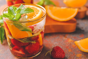 Glass of fresh strawberry mojito on color background, closeup