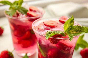 Glass of fresh strawberry mojito, closeup