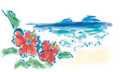 手描きイラスト素材　旅行　南の海　ハワイ　南国　海　風景　ハイビスカス
