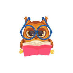 Cute owl reading a book. Wise smart cartoon bird in big glasses