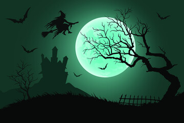 Halloween night background. Witch flying on a broomstick on the background of a full moon over the castle. Vector illustration © Yevhenii