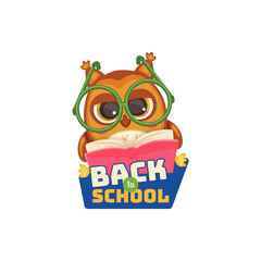 Back to school sticker with cartoon owl reading a book