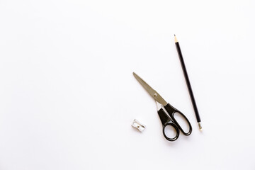 Black and white minimalist stationery with copy space. Safety rules for the use of sharp objects. Preparing tools to start working on an idea. Instruments for step-by-step instructions