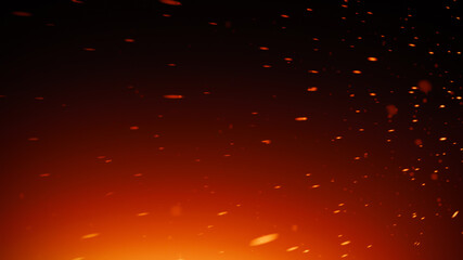 Flying fire embers particles texture overlays . Burn debris effect on isolated black background. Stock illustration.