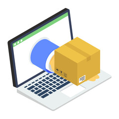 
Online parcel delivery icon, hand giving package coming out from laptop 
